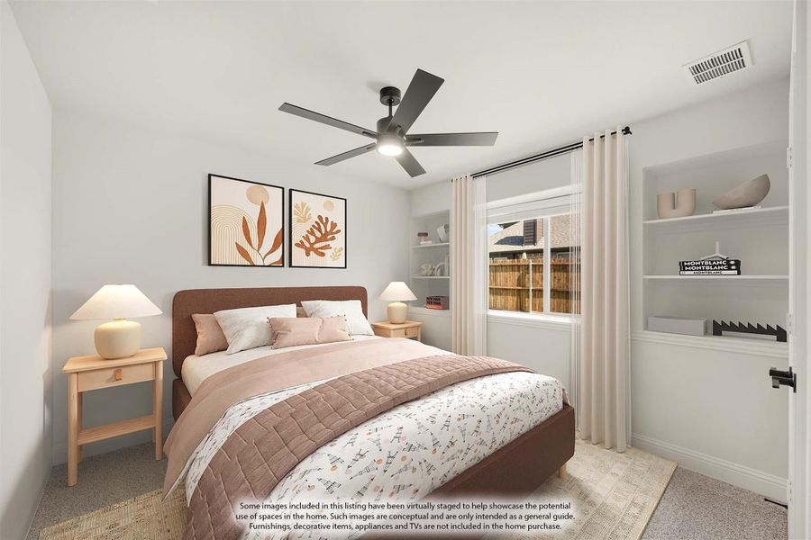 Bedroom with ceiling fan, built-in shelves, carpet flooring, and a window with sheer curtains