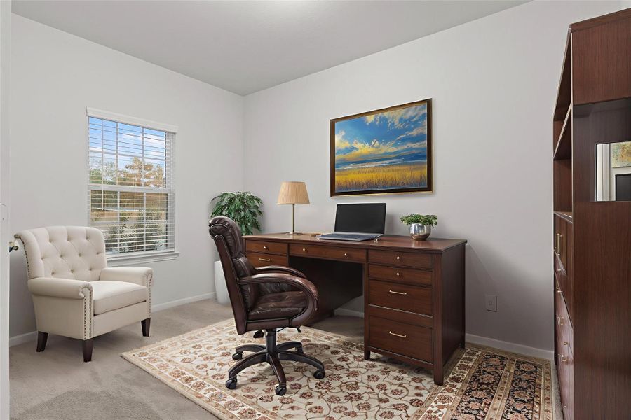 The virtually staged home office offers a peaceful and private retreat ideal for remote work or creative pursuits. Large windows fill the space with natural light, while the virtual furnishings help you imagine the perfect workspace or cozy reading area.  Tucked away for privacy!