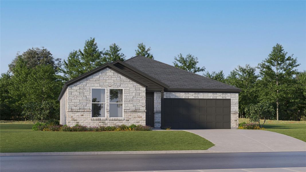 View of front of house with stone siding, driveway, a front lawn, and a garage