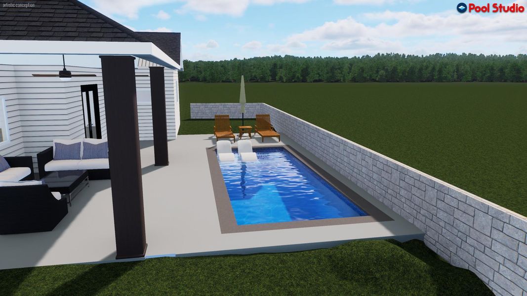 Outdoor living space featuring a rectangular swimming pool with integrated tanning ledge, a shaded patio area, and a stone retaining wall Outdoor living space featuring a rectangular swimming pool with integrated tanning ledge, a shaded patio area, and a stone retaining wall