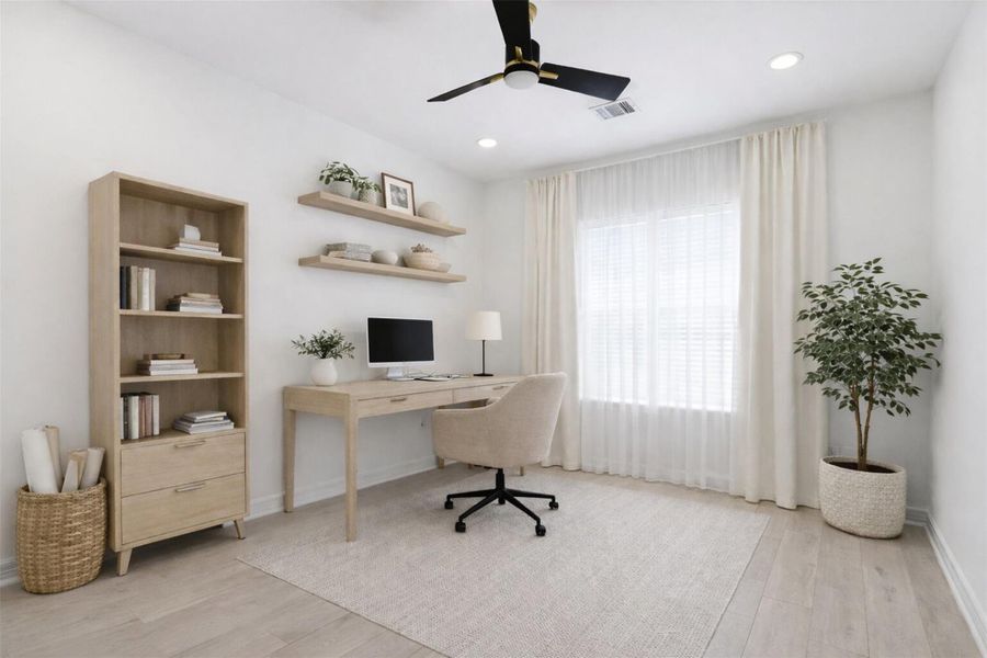 Versatile second floor flex room with ceiling fan and natural light — ideal as a home office or bedroom.