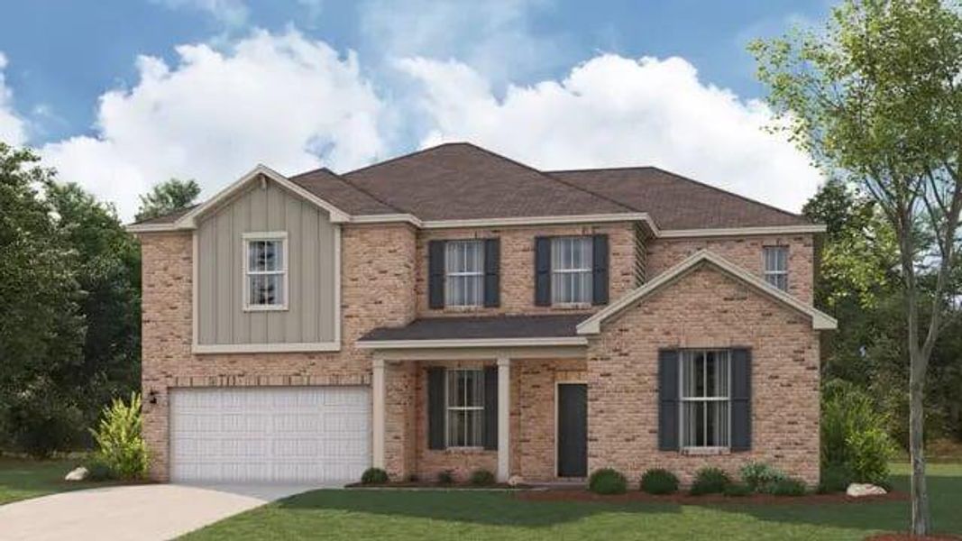 Front exterior of a new home in Windsong Estates, McDonough, GA, highlighting curb appeal (Image 1). Front exterior of a new home in Windsong Estates, McDonough, GA, highlighting curb appeal (Image 1).