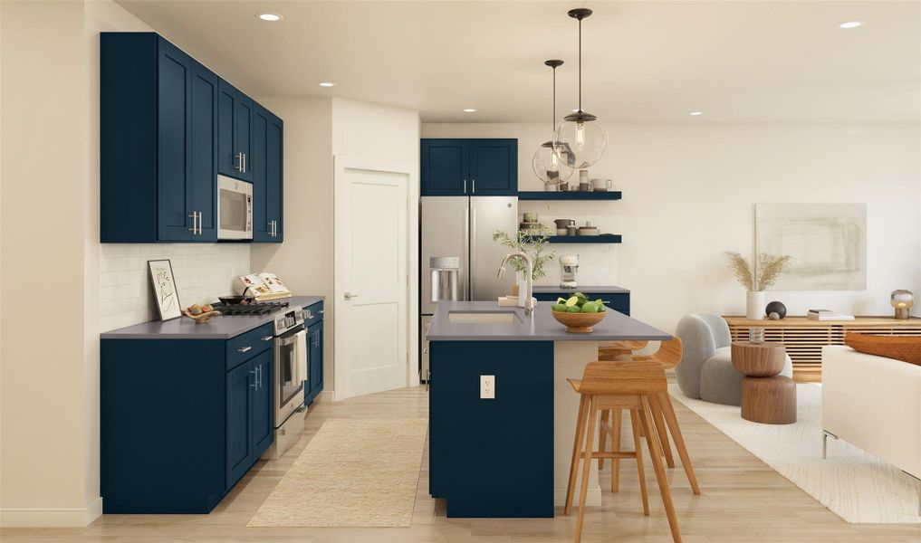 Stylish kitchen with blue cabinets and quartz counters (*Artist rendering used for illustration purposes only.)