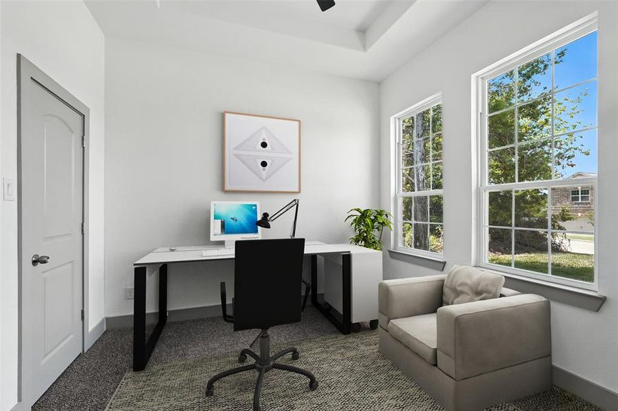 Virtually staged flex room with dark colored carpet and ceiling fan Virtually staged flex room with dark colored carpet and ceiling fan