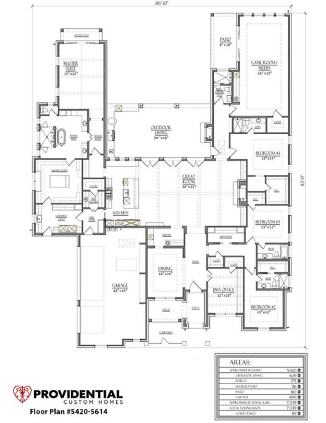2D floor plan layout for the Plan 5614 by PROVIDENTIAL CUSTOM HOMES in Eden Ranch, Lewisville, TX (Image 1).