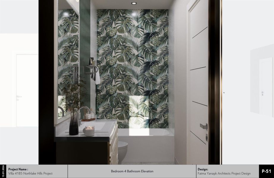 Bathroom featuring wallpapered walls, vanity, and an accent wall