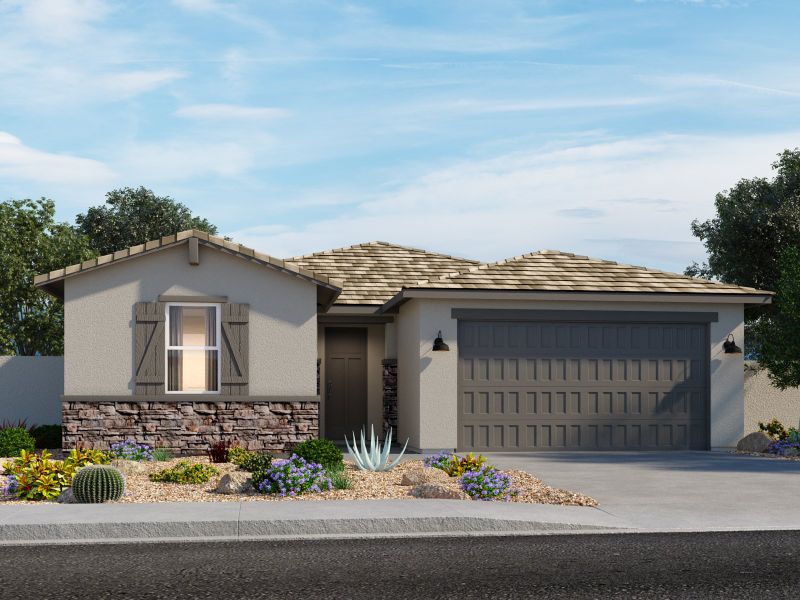 Front exterior of a home in the Mountain View Estates Signature Series community, located in Buckeye, AZ (Image 15).