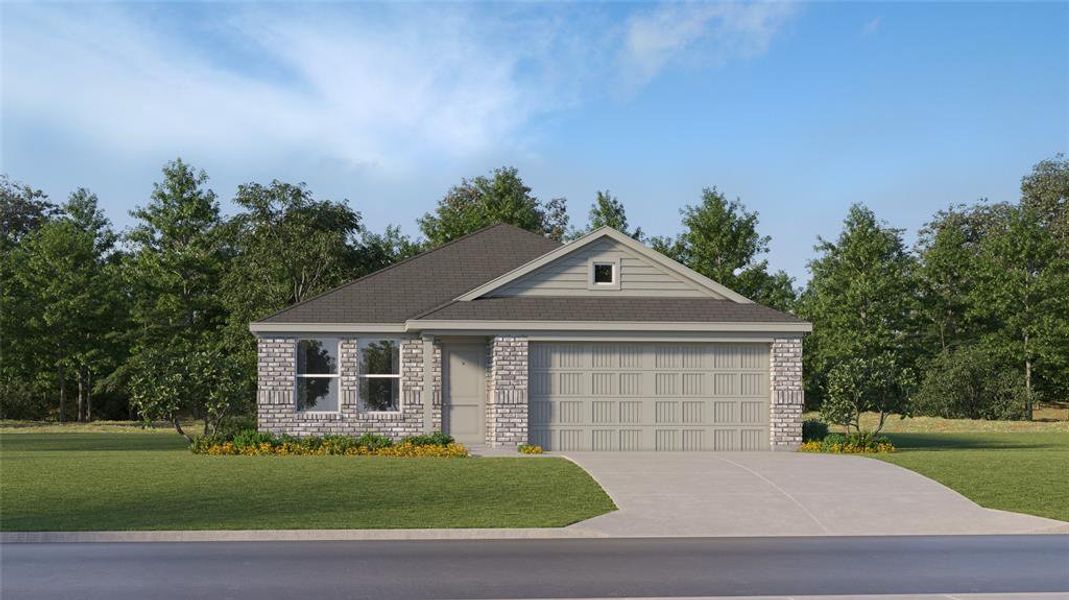 View of front of house featuring a front lawn and a garage