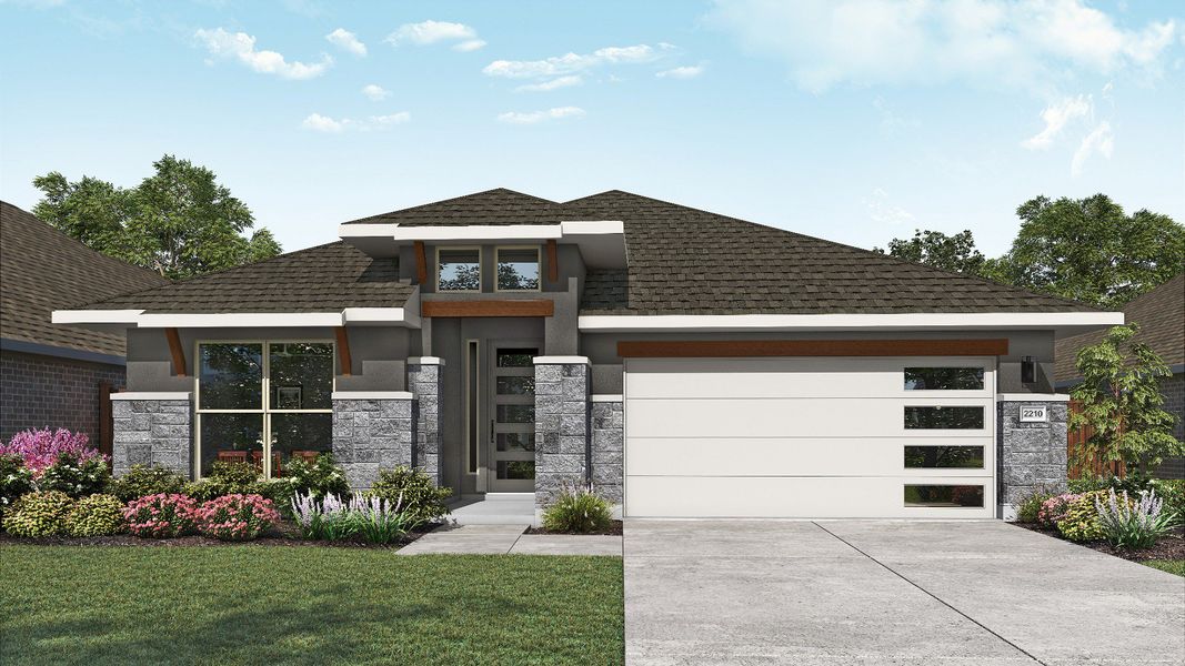 Representative exterior photo of a completed home built from the Oleander by DRB Homes in Devine Landing, Leander, TX (Image 21). Representative exterior photo of a completed home built from the Oleander by DRB Homes in Devine Landing, Leander, TX (Image 21).