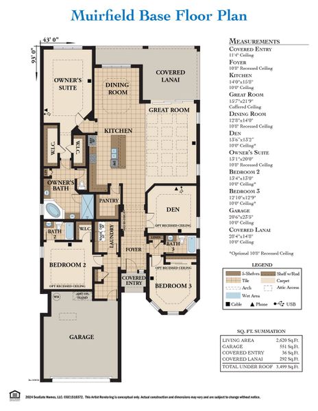 2D floor plan layout for the Muirfield by SeaGate Homes in Tidelands, Palm Coast, FL (Image 5). 2D floor plan layout for the Muirfield by SeaGate Homes in Tidelands, Palm Coast, FL (Image 5).