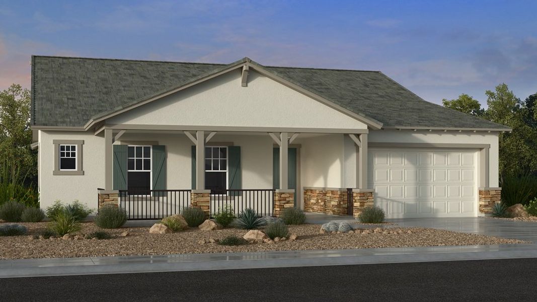 Front exterior of a new home in Ellsworth Ranch, Queen Creek, AZ, highlighting curb appeal (Image 1). Front exterior of a new home in Ellsworth Ranch, Queen Creek, AZ, highlighting curb appeal (Image 1).