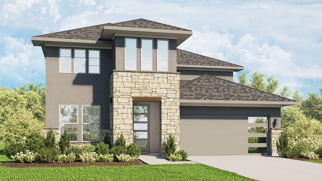 Representative exterior photo of a completed home built from the Elm by DRB Homes in Infinity Square, Kyle, TX (Image 7).