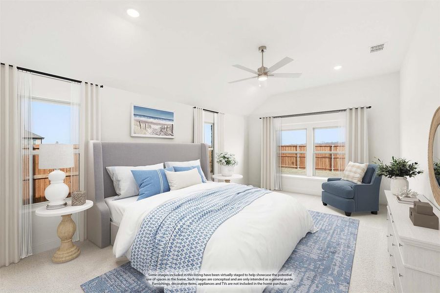 Spacious master bedroom with vaulted ceiling, ceiling fan, large windows, and neutral carpet flooring Spacious master bedroom with vaulted ceiling, ceiling fan, large windows, and neutral carpet flooring