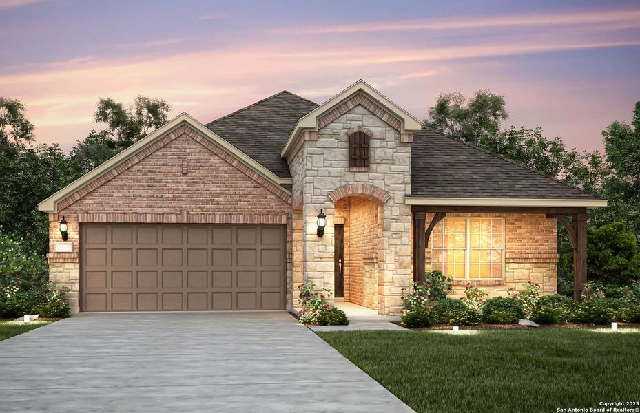 Front exterior of a new home in Legacy at Lake Dunlap, New Braunfels, TX, highlighting curb appeal (Image 1).