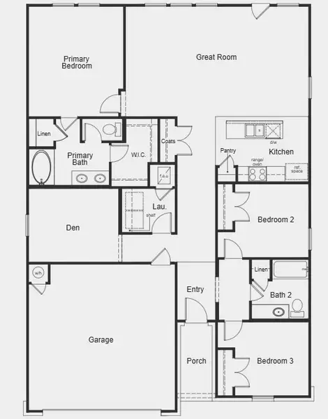 2D floor plan layout for the Plan 1675 Modeled by KB Home in Hidden Trails, Belton, TX (Image 3).