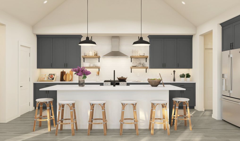 Kitchen with pendant lighting & floating shelves