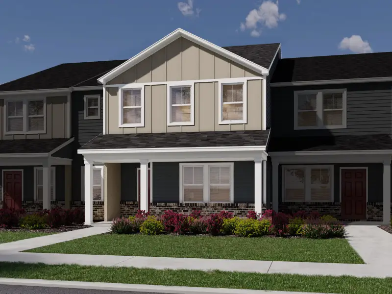 Front exterior of a new home in The Rows at Buffaloe Reserve, Raleigh, NC, highlighting curb appeal (Image 1). Front exterior of a new home in The Rows at Buffaloe Reserve, Raleigh, NC, highlighting curb appeal (Image 1).