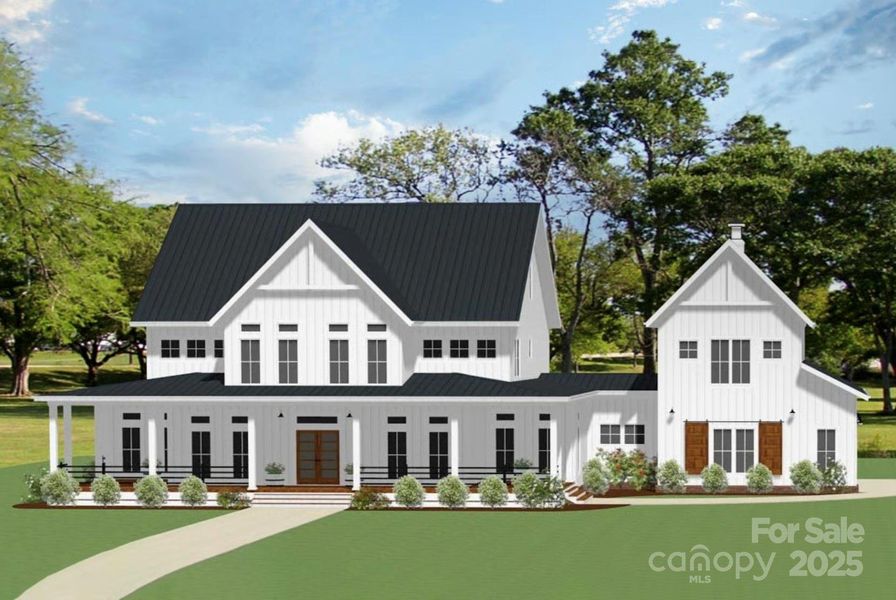 Stunning modern farmhouse features crisp white board-and-batten siding, a sleek black metal roof, charming wood-accented double doors. Full-front porch/expansive windows offer seamless indoor-outdoor living!