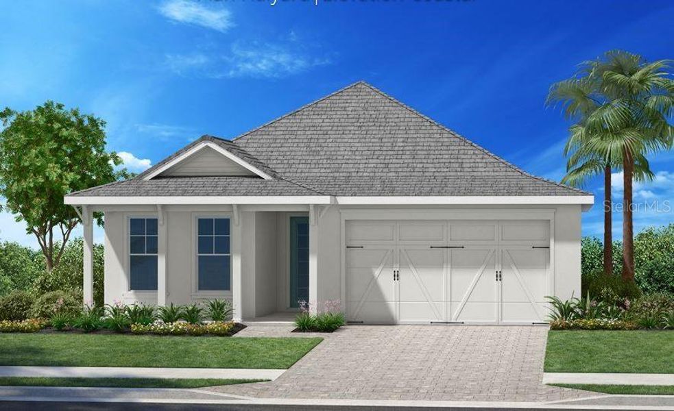 Front exterior of a new home in Shellstone at Waterside, Sarasota, FL, highlighting curb appeal (Image 1).