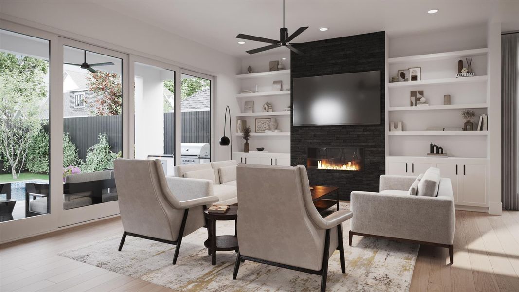 Generous size Family Room with a 42” Linear Direct Vent Fireplace with a 2 x18 Sahara Charcoal Tile Surround. There is a Conduit above the Fireplace for a TV and a Ceiling Fan. This Room is also Pre-Wired for Home Theatre (5 Speaker Locations and 1 Sub-Woofer).   **This is an artists rendering and are subject to changes anytime during construction**