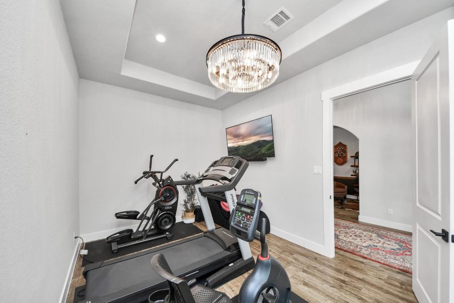 Chic home gym featuring modern exercise equipment, a mounted flat-screen TV, and elegant lighting, perfect for convenient workouts.
