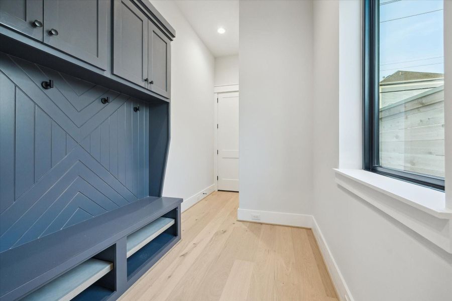 The mudroom is located just off the garage.