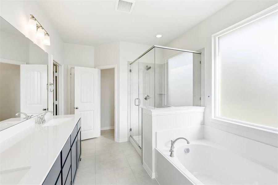 Bathroom with a bath, double vanity, plenty of natural light, and a shower stall