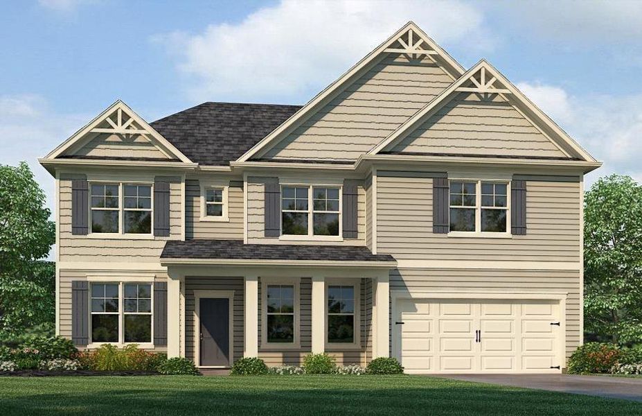 Front exterior of a new home in Kingsmere Estates, Loganville, GA, highlighting curb appeal (Image 22).