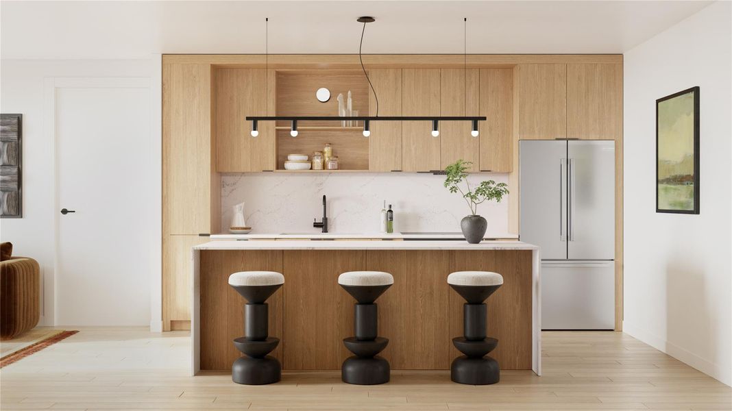 A modern, light-filled kitchen with natural wood, quartz countertops, and sleek appliances.