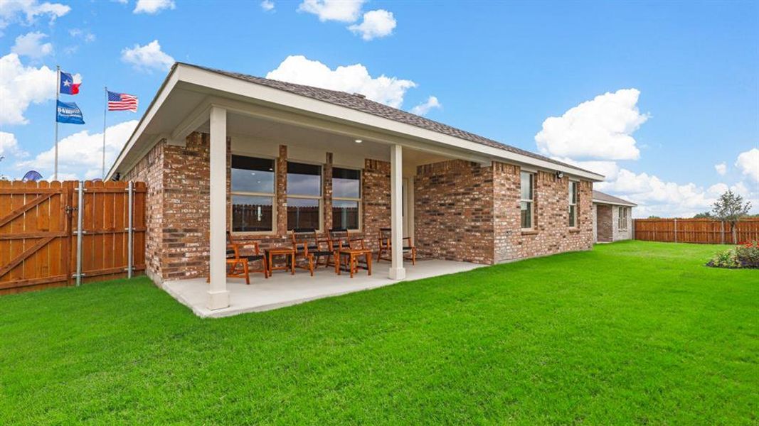 Rear Elevation and covered back Patio - All Home and community information, including pricing, included features, terms, availability and amenities, are subject to change at any time without notice or obligation. All Drawings, pictures, photographs, video, square footages, floor plans, elevations, features, colors and sizes are approximate for illustration purposes only and will vary from the homes as built.