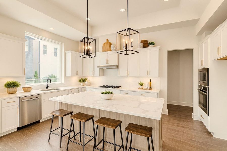 Gorgeous Kitchen highlighted with European Style Cabinetry, Gold Cabinet Hardware and Luxury Fisher Paykel Appliances. (pic was virtually staged)