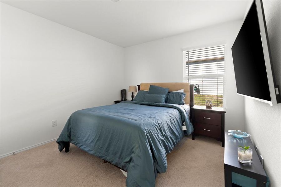 Bedroom featuring light colored carpet