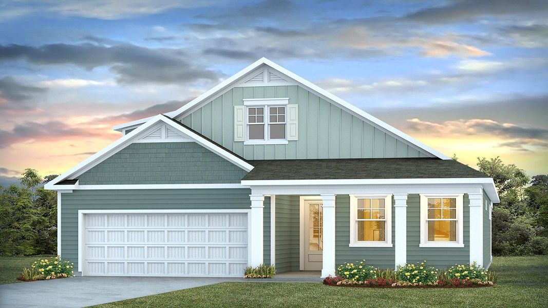 Front exterior of a new home in Lakeview at Kitfield, Moncks Corner, SC, highlighting curb appeal (Image 1).