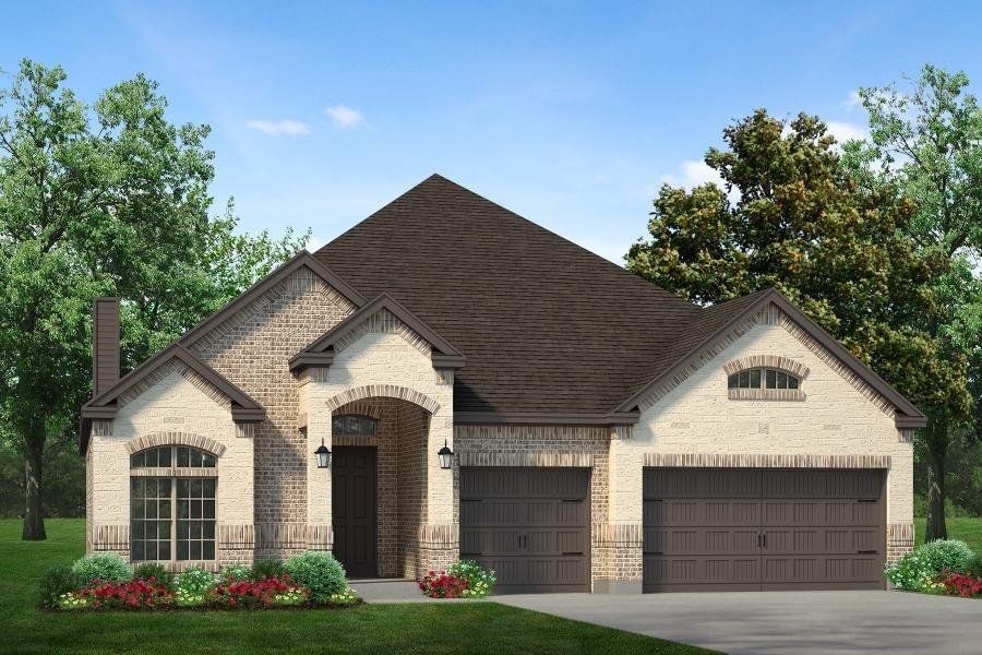 Front exterior of a new home in Timberbrook, Justin, TX, highlighting curb appeal (Image 1). Front exterior of a new home in Timberbrook, Justin, TX, highlighting curb appeal (Image 1).