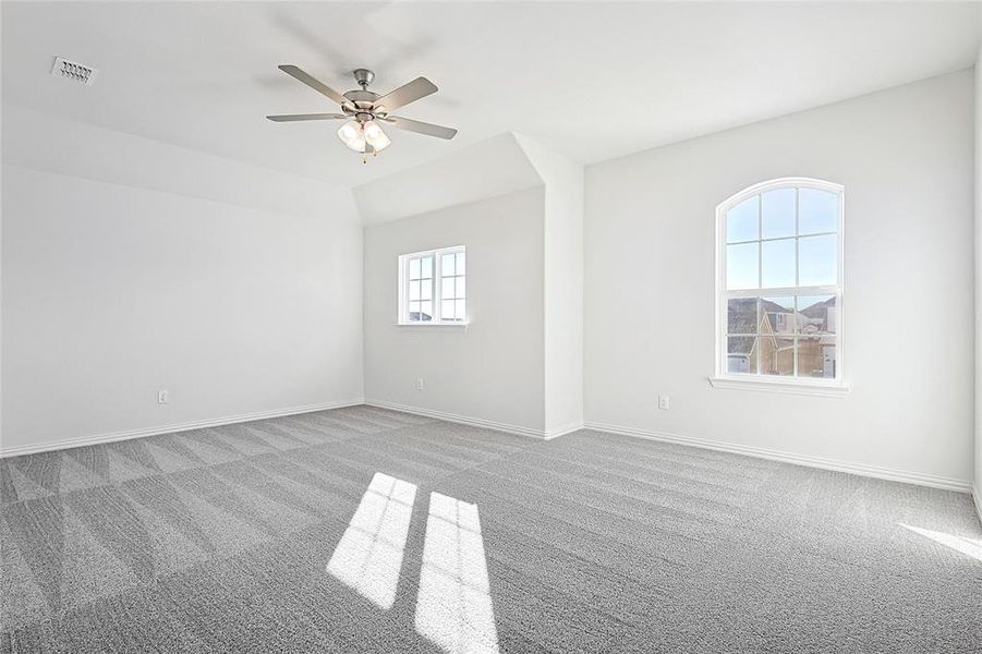 Spare room with carpet flooring, ceiling fan, and a healthy amount of sunlight