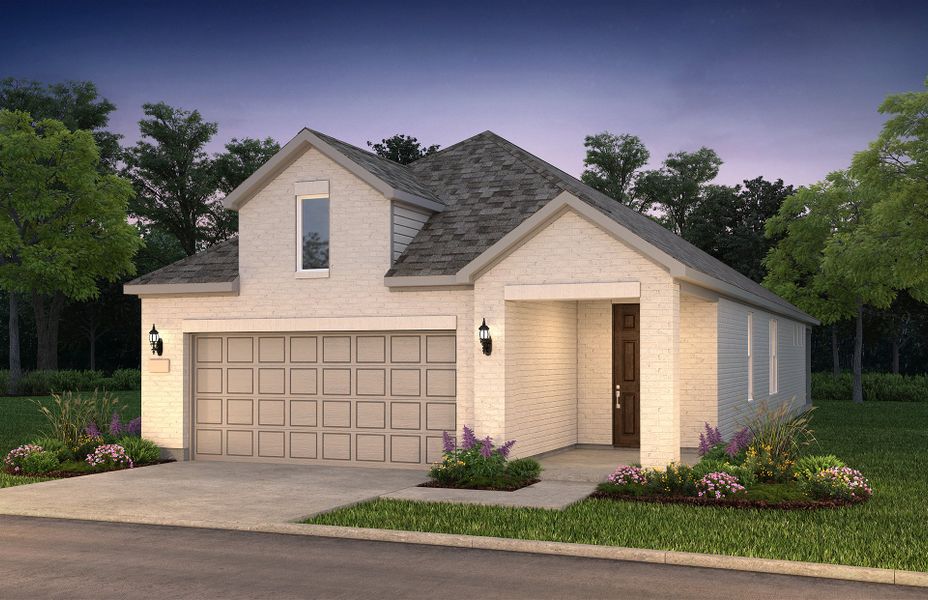 The Hallmark, a one-story home with 2-car garage, shown with Home Exterior TR201