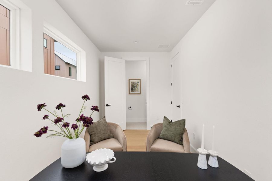 Clean lines and light-filled spaces characterize this versatile room, ideal for an office or quiet retreat. Clean lines and light-filled spaces characterize this versatile room, ideal for an office or quiet retreat.