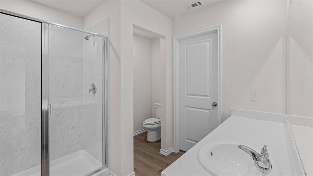 Bathroom with vanity, a shower stall, and dark wood-style floors