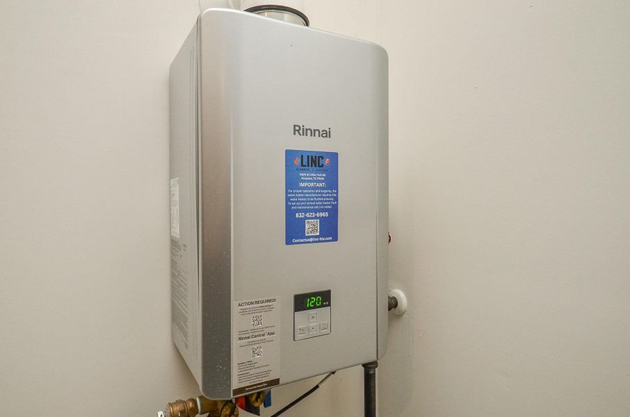 Rinnai tankless water heater, offering efficient on-demand hot water and space-saving benefits.