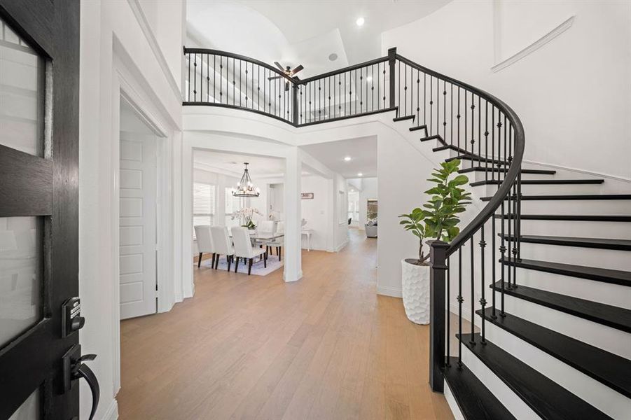 Custom wrought iron curved stairs rails and contrasting wooden steps.