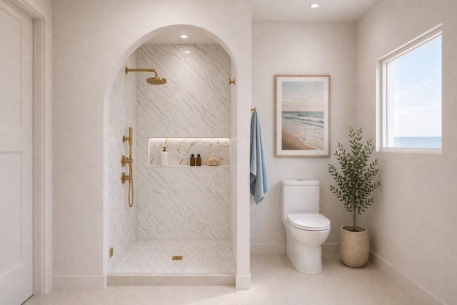 Walk-in shower with modern tilework and clean lines. Walk-in shower with modern tilework and clean lines.