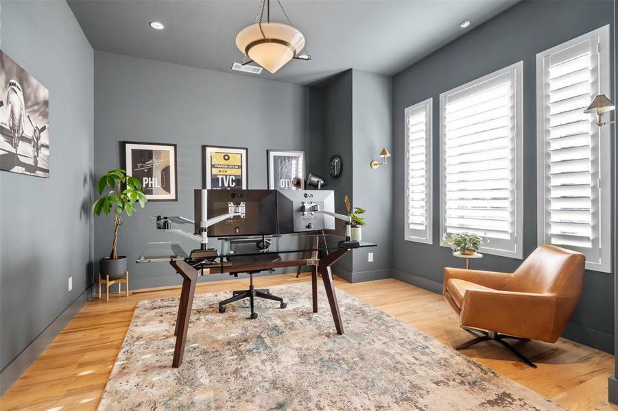 The office is located downstairs.