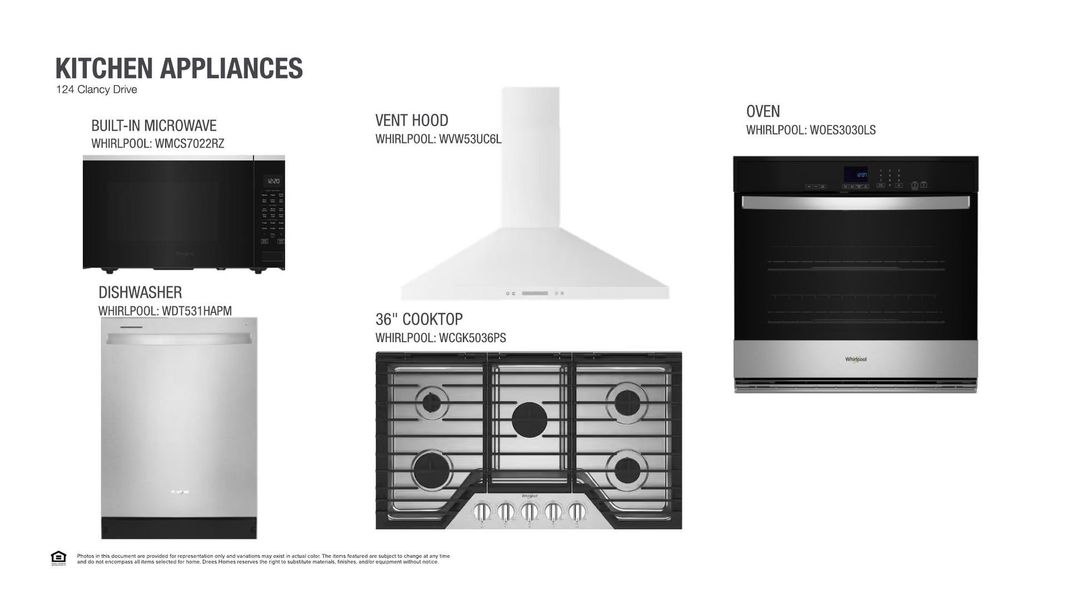 Featured kitchen appliances from Whirlpool include a built-in microwave, dishwasher, vent hood, 36" cooktop, and oven.