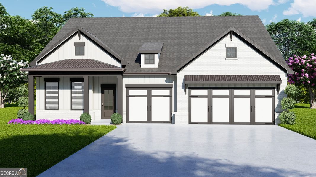 Front exterior of a new home in Rosewood Lake Preserve, Hoschton, GA, highlighting curb appeal (Image 1).