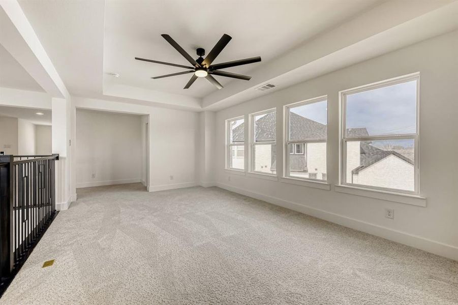 Unfurnished room featuring light carpet, ceiling fan, and a tray ceiling
