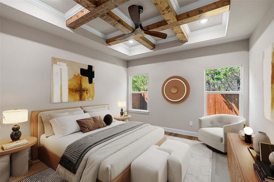 Bedroom featuring multiple windows, coffered ceiling, beamed ceiling, and wood-type flooring