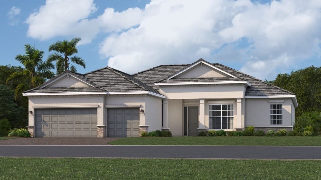 Front exterior of a new home in Harbor East: Estate Homes, Port Charlotte, FL, highlighting curb appeal (Image 1). Front exterior of a new home in Harbor East: Estate Homes, Port Charlotte, FL, highlighting curb appeal (Image 1).