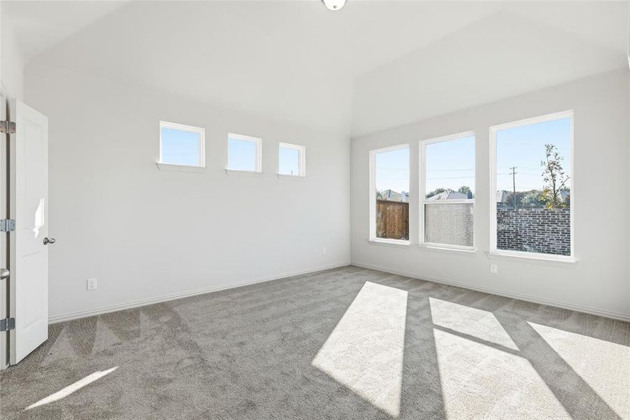 Carpeted empty room with lofted ceiling and baseboards