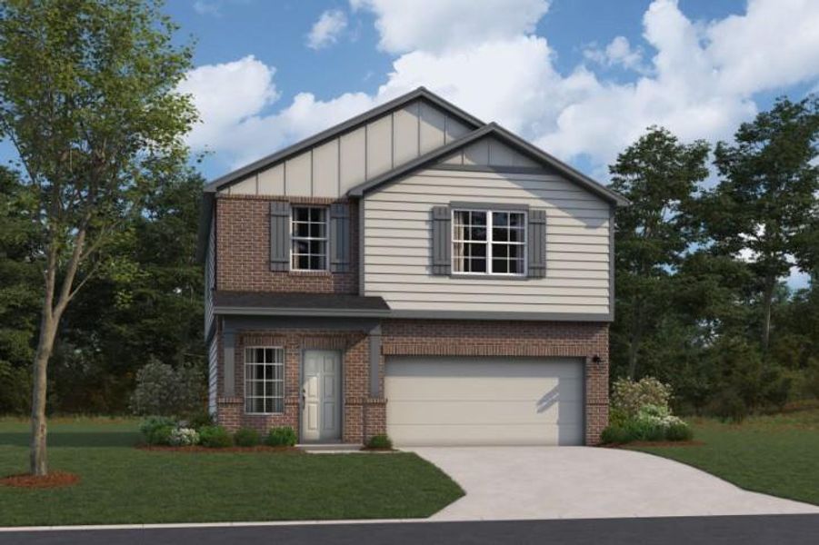 Front exterior of a new home in Cool Water, Jarrell, TX, highlighting curb appeal (Image 5). Front exterior of a new home in Cool Water, Jarrell, TX, highlighting curb appeal (Image 5).