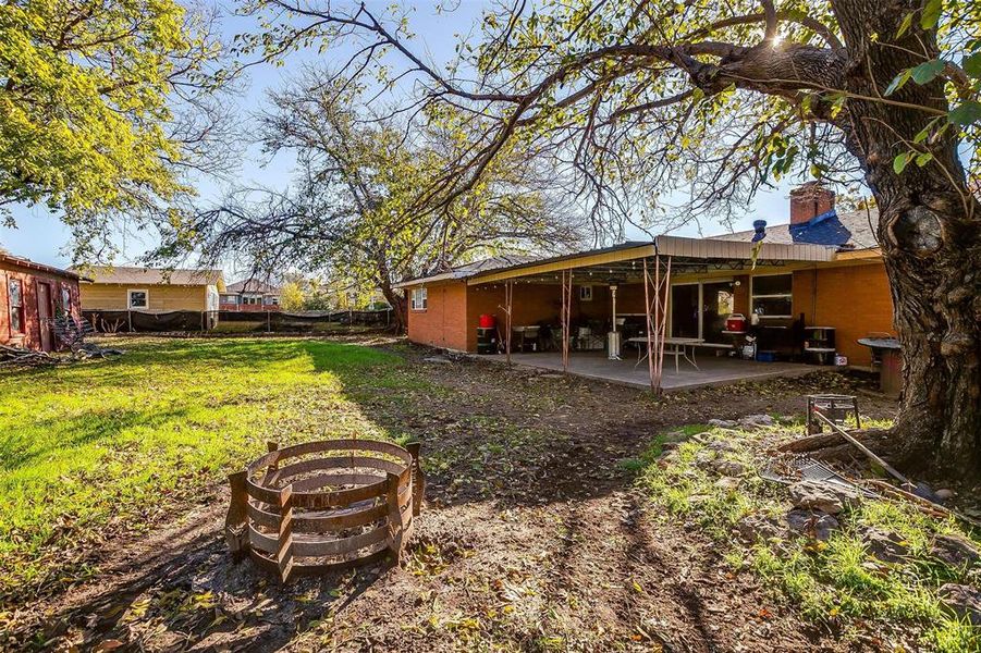 Large backyard with covered patio.